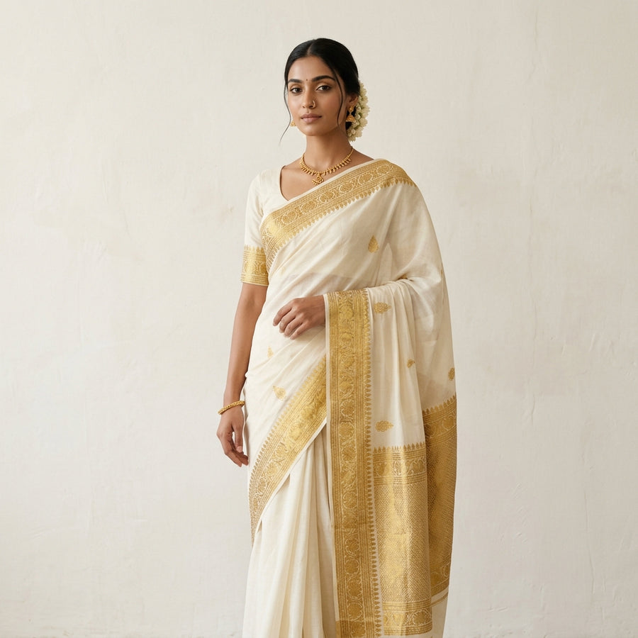 Cotton Cream Striped Zigzag Weave Border Kerala Set Saree